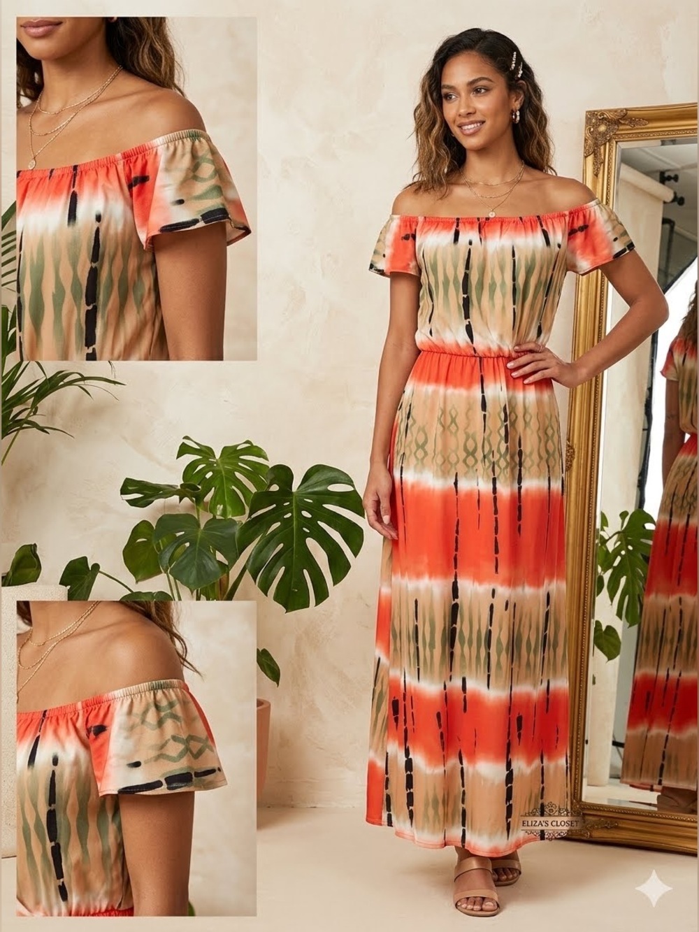 Tie Dye Off the Shoulder Maxi Dress Coral Orange Boho NWOT
